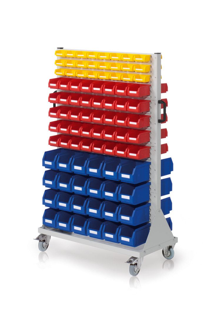 Mobile Stellwand - Schlitzwand für Sichtlagerkästen - beidseitig - mit 108 Kästen bestückt - 1.580 x 1.000 x 500 mm (HxBxT)