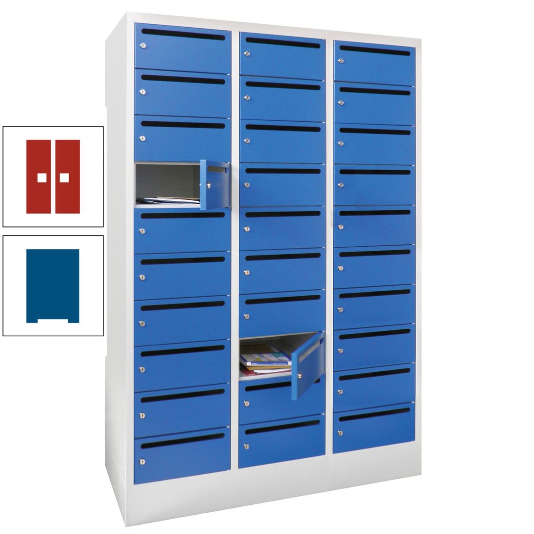 Postverteilerschrank, Schließfachschrank, 3 Abteile a 300 mm, 30 Fächer, 1.850 x 900 x 500 mm (HxBxT), Korpus anthrazitgrau, Front anthrazitgrau