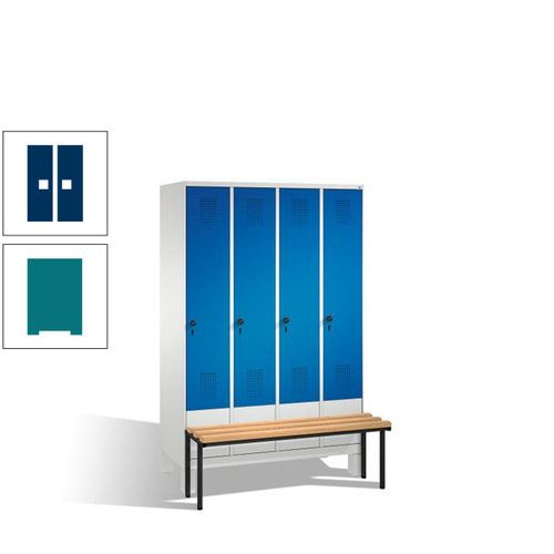 Stahl-Garderobenschrank, Spind, Buche Sitzbank vorgebaut, 4 Abteile a 300 mm, Korpus Lichtgrün, Tür Schwefelgelb, 1.850 x 1.200 x 815 mm (HxBxT)