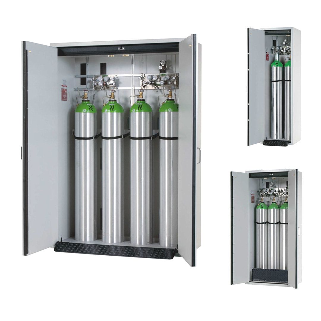 Druckgasflaschenschrank, Gasflaschenschrank, für 2 x 50 l Gasflaschen, Schutzgas, Feuerwiderstand G30, 2.050 x 598 x 616 mm (HxBxT), lichtgrau
