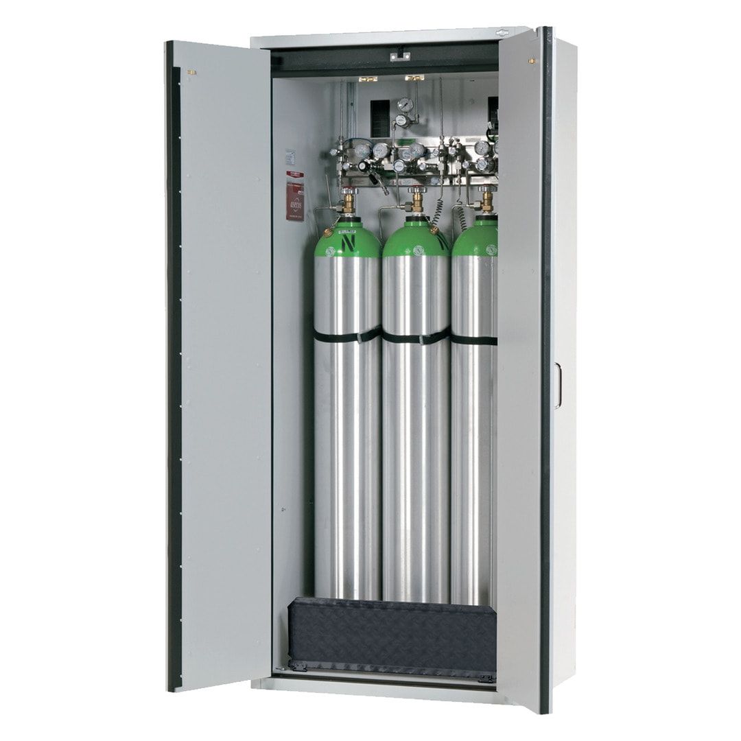 Druckgasflaschenschrank, Gasflaschenschrank, für 2 x 50 l Gasflaschen, Schutzgas, Feuerwiderstand G30, 2.050 x 598 x 616 mm (HxBxT), lichtgrau