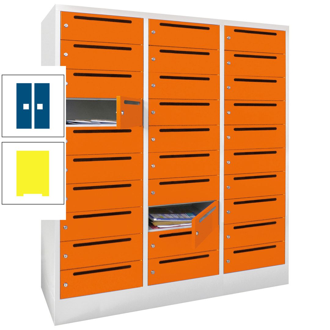 Postverteilerschrank, Schließfachschrank, 3 Abteile a 40 cm, 30 Fächer, 1.850 x 1.200 x 500 mm (HxBxT), Korpus anthrazitgrau, Front anthrazitgrau