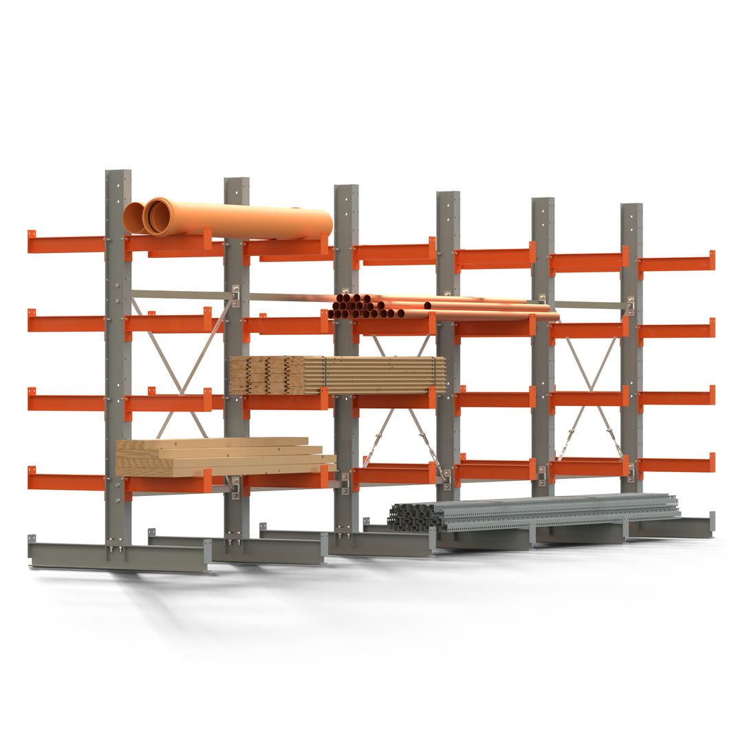 Doppelseitiges Kragarmregal, 2 Felder, 2.000 x 2.000 x 1.120 mm (HxBxT), Nutztiefe 500 mm, Kragarmlast 870 kg, KARL basic, silbergrau/reinorange