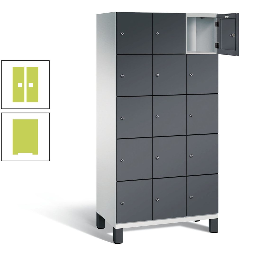 Fächerschrank, Stahlschrank, 15 Fächer, Türöffnungsbegrenzer, Füße, 1.980 x 900 x 525 mm (HxBxT), Korpus anthrazitgrau, Front anthrazitgrau