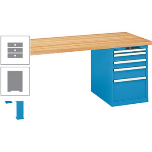 Werkbank, Buche Arbeitsplatte - Code Lock - Tragkraft 1.000 kg - 850 x 2.000 x 800 mm (HxBxT) - 4 Schubladen - Capriblau