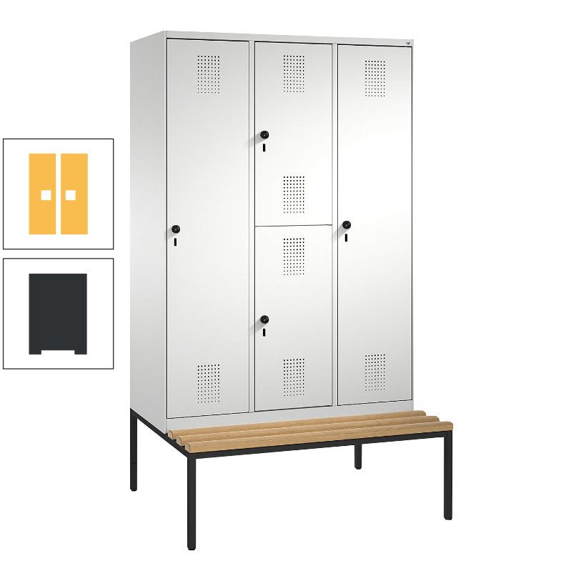 Garderobenschrank, Spind ein- und doppelstöckig Sitzbank, 3 Abteile, 4 Fächer, 2.090x1.200x500 mm (HxBxT), Front anthrazitgrau, Korpus anthrazitgrau