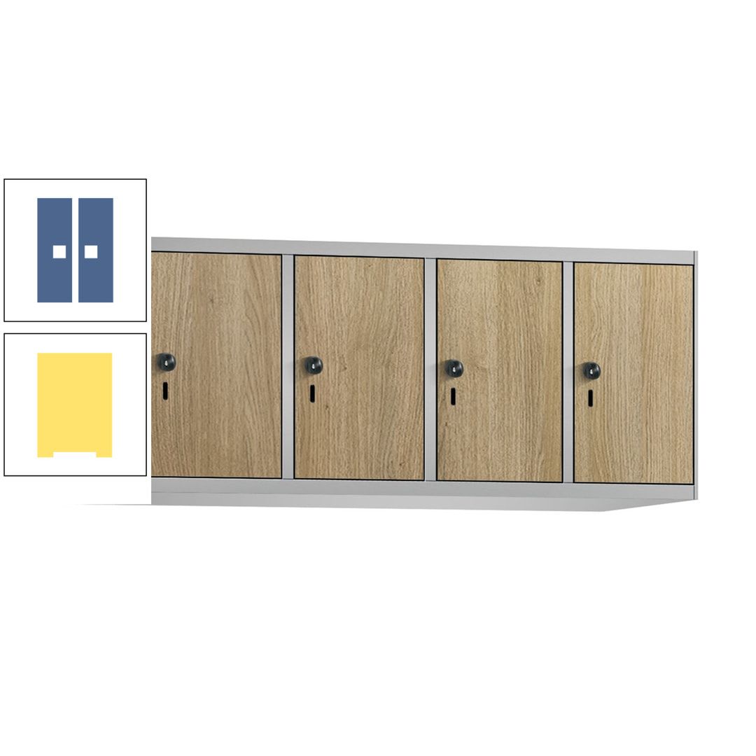 Aufsatzschrank, Schrankaufsatz, 4 Fächer a 300 mm, Farbe Pastellgelb, Tür anthrazitgrau, 500 x 1.200 x 500 mm (HxBxT)