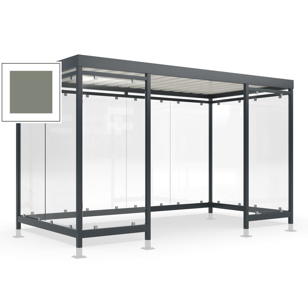 Raucherunterstand für 12-13 Personen, Bushaltestelle, mit Überpflasterung, 2.440 x 4.195 x 2.165 mm (HxBxT), 10 Wände, Achatgrau
