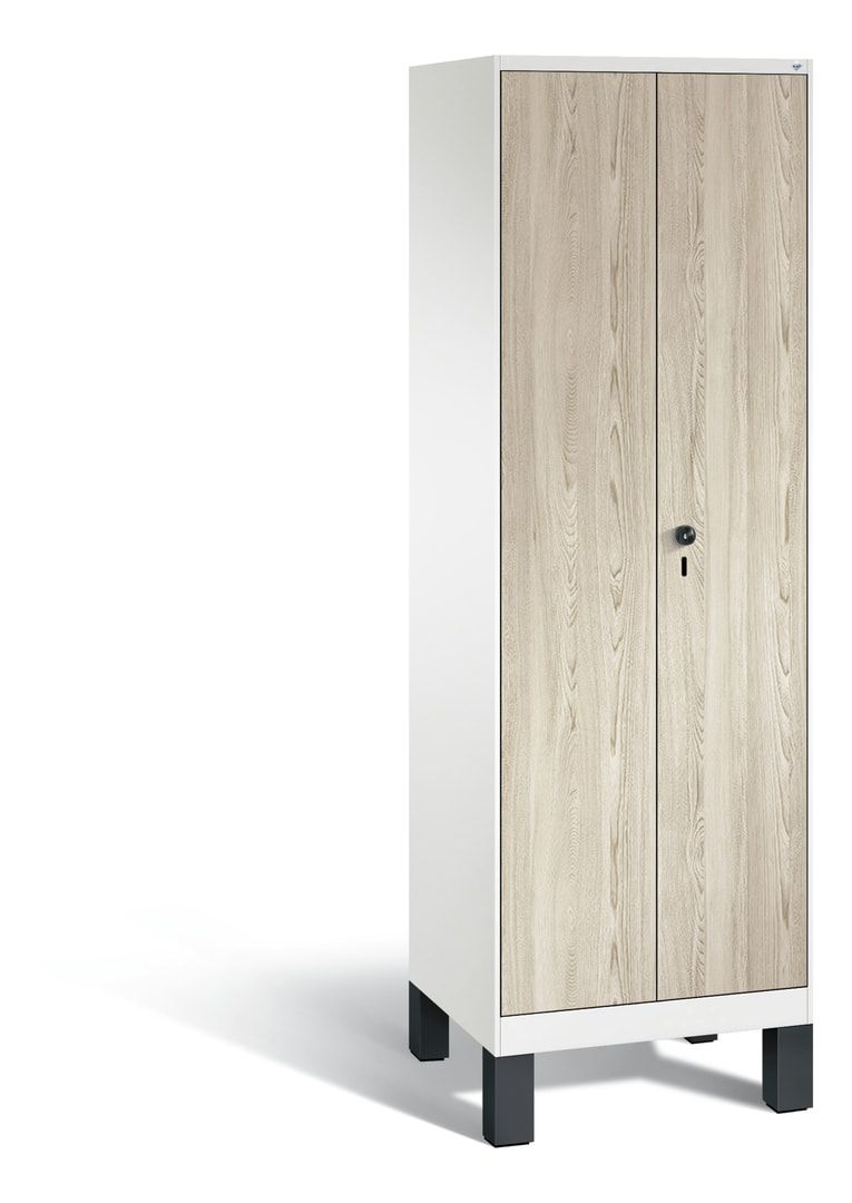 Doppel-Spind, Garderobenschrank mit Füßen, 2 Abteile a 300 mm, Korpus anthrazitgrau, Tür Dekorfront HPL Donau-Ahorn, 1.850 x 600 x 500 mm (HxBxT)