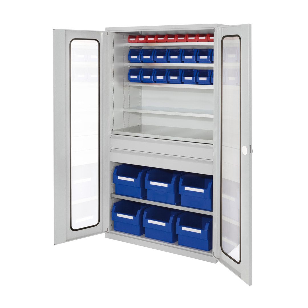 Magazinschrank - 30 Sichtlagerkästen - Lochplattentüren - 2 Schubladen - 6 Böden - 1.950 x 1.130 x 590 mm (HxBxT) - lichtgrau