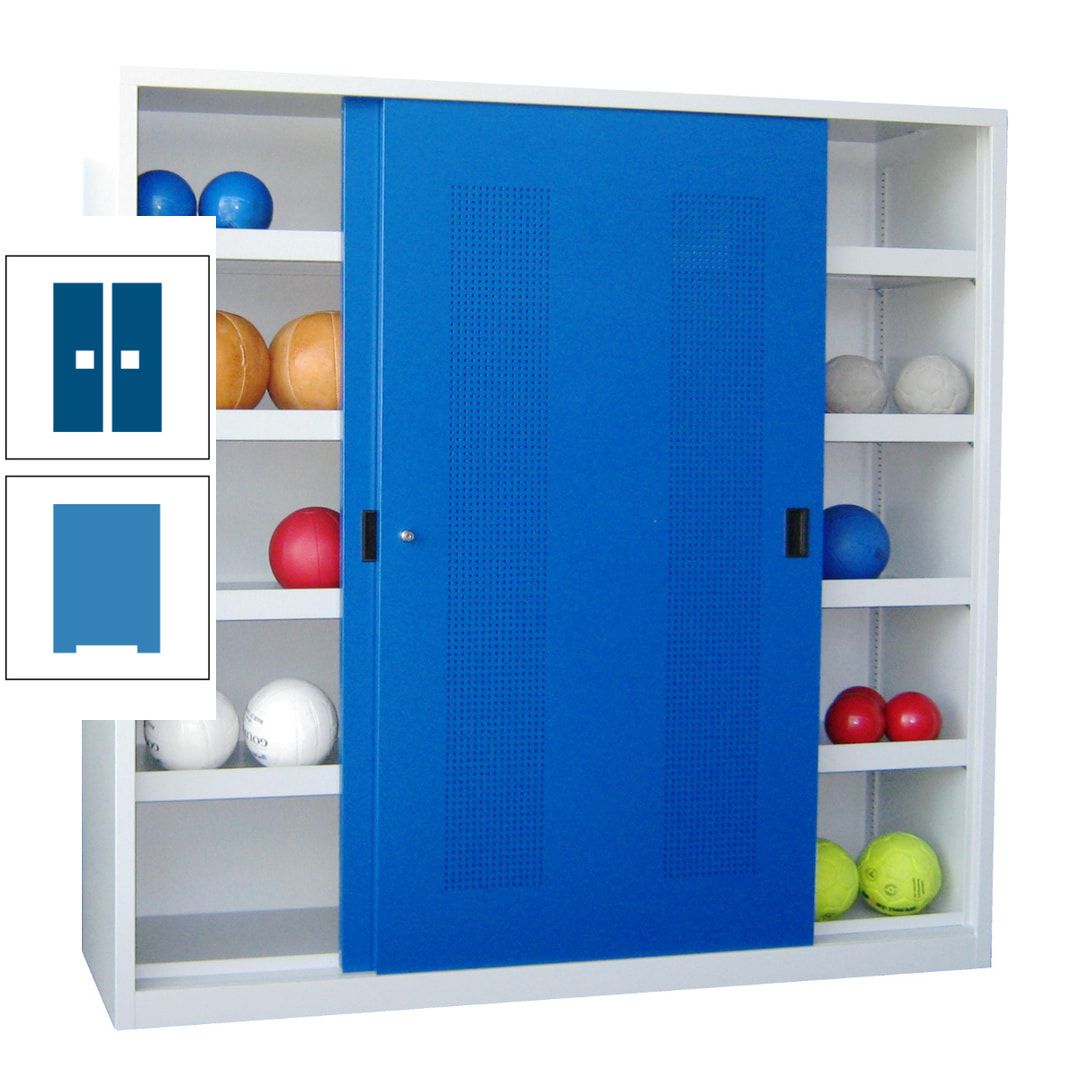 Ballschrank - Schiebetüren mit Lochfeld - Trennwand - 8 Böden - 1.950x2.000x600 mm (HxBxT) - anthrazitgrau