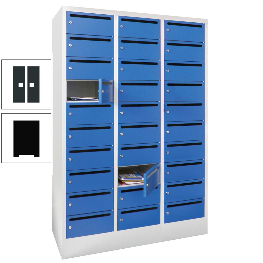 Postverteilerschrank, Schließfachschrank, 3 Abteile a 300 mm, 30 Fächer, 1.850 x 900 x 500 mm (HxBxT), Korpus anthrazitgrau, Front anthrazitgrau
