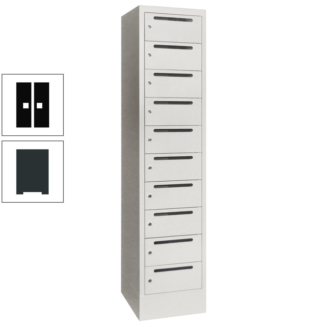 Postverteilerschrank, Schließfachschrank, 1 Abteil a 400 mm, 10 Fächer, 1.850 x 400 x 500 mm (HxBxT), Korpus anthrazitgrau, Front anthrazitgrau