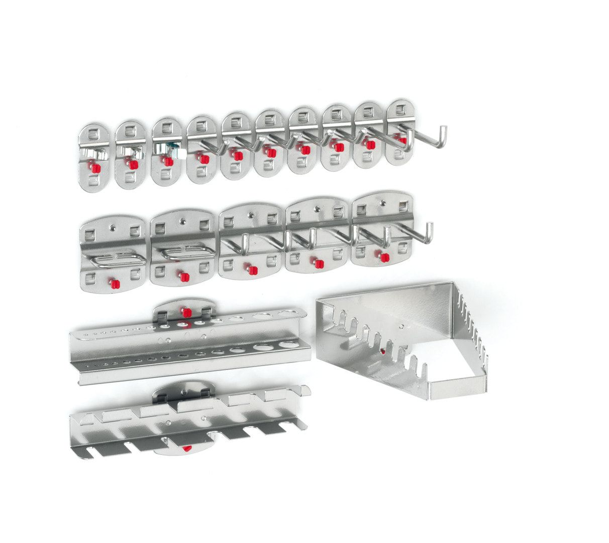 Werkzeughalterset, Hakenset, 18-teilig, für Lochplatten, Schraubsystem, Farbe Aluminium