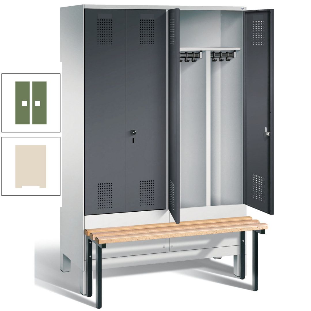Doppel-Spind, Garderobenschrank, Buche Sitzbank vorgebaut, 4 Abteile a 300 mm, Korpus feuerrot, Tür Wasserblau, 1.850 x 1.200 x 815 mm (HxBxT)