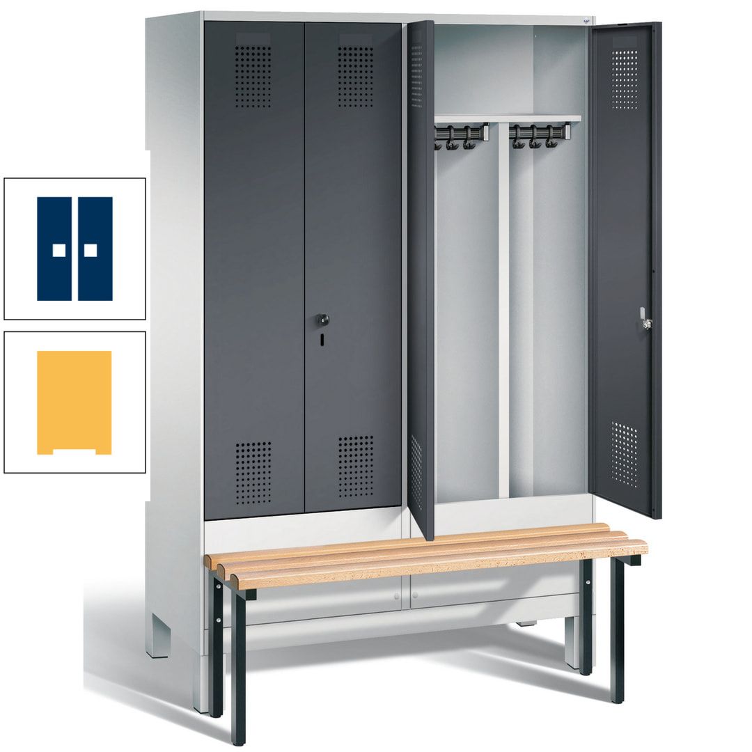 Doppel-Spind, Garderobenschrank, Buche Sitzbank vorgebaut, 4 Abteile a 300 mm, Korpus feuerrot, Tür Wasserblau, 1.850 x 1.200 x 815 mm (HxBxT)
