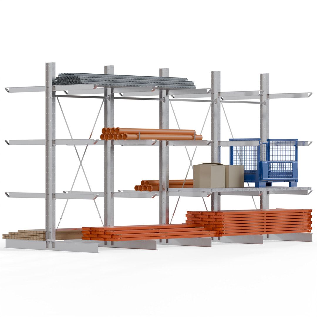 Doppelseitiges Kragarmregal feuerverzinkt, Schwerlastregal für außen - 2 Felder - 3.500 x 3.000 x 2.580 mm (HxBxT) - 800 kg - KARL heavy