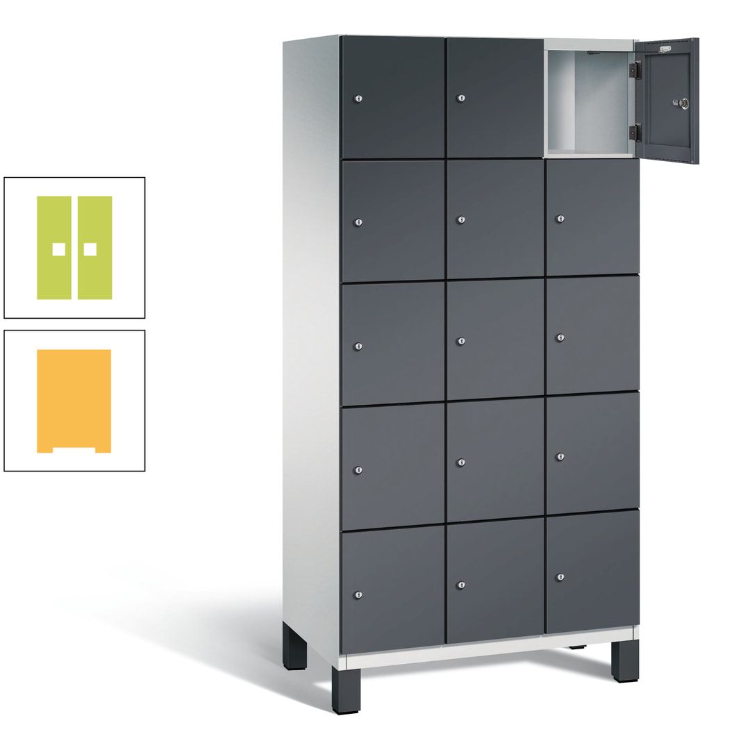 Fächerschrank, Stahlschrank, 15 Fächer, Türöffnungsbegrenzer, Füße, 1.980 x 900 x 525 mm (HxBxT), Korpus anthrazitgrau, Front anthrazitgrau