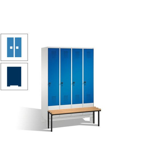 Stahl-Garderobenschrank, Spind, Buche Sitzbank vorgebaut, 4 Abteile a 300 mm, Korpus Lichtgrün, Tür Schwefelgelb, 1.850 x 1.200 x 815 mm (HxBxT)