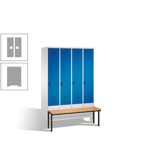 Stahl-Garderobenschrank, Spind, Buche Sitzbank vorgebaut, 4 Abteile a 300 mm, Korpus Lichtgrün, Tür Schwefelgelb, 1.850 x 1.200 x 815 mm (HxBxT)