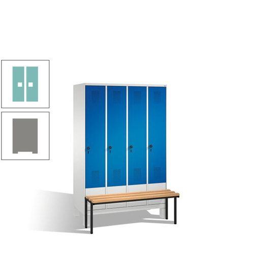 Stahl-Garderobenschrank, Spind, Buche Sitzbank vorgebaut, 4 Abteile a 300 mm, Korpus Lichtgrün, Tür Schwefelgelb, 1.850 x 1.200 x 815 mm (HxBxT)