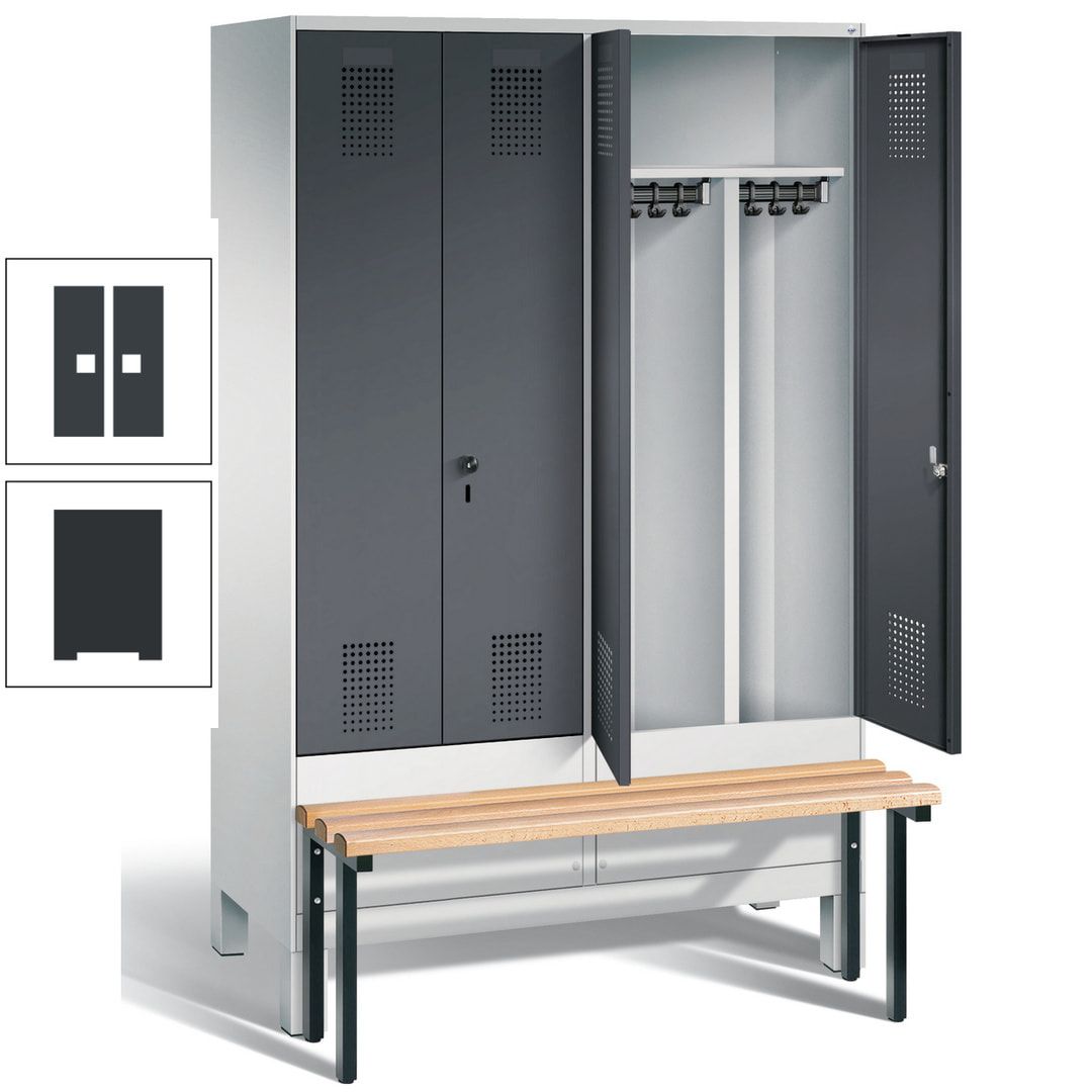 Doppel-Spind, Garderobenschrank, Buche Sitzbank vorgebaut, 4 Abteile a 300 mm, Korpus feuerrot, Tür Wasserblau, 1.850 x 1.200 x 815 mm (HxBxT)