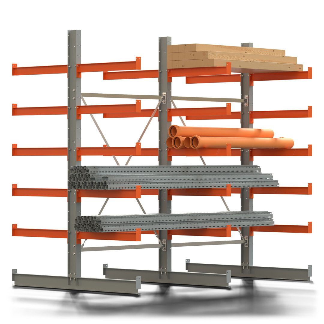 Doppelseitiges Kragarmregal, 2 Felder, 2.500 x 2.560 x 1.120 mm (HxBxT), Nutztiefe 500 mm, Kragarmlast 870 kg, KARL basic, silbergrau/reinorange