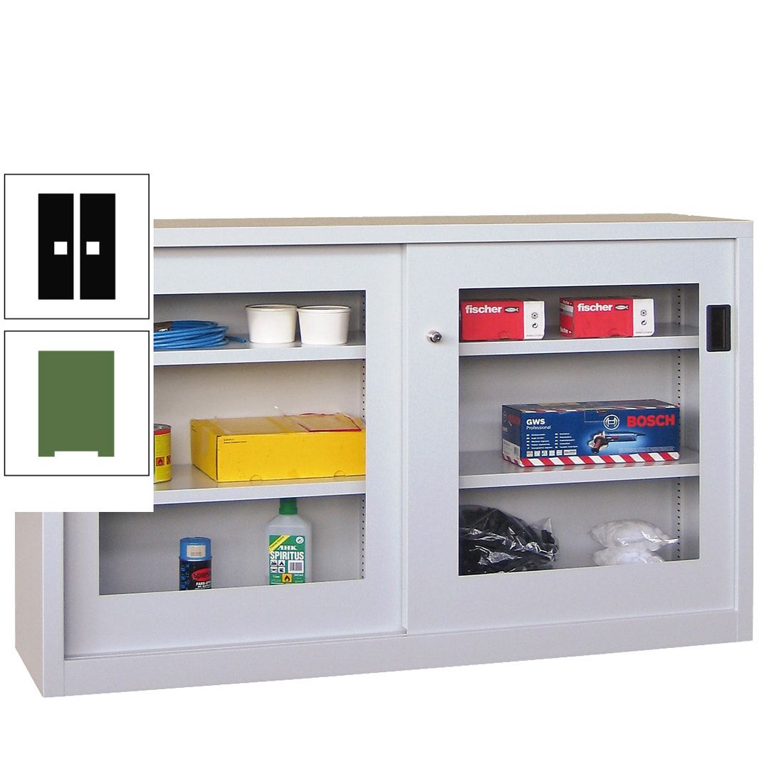 Schiebetürenschrank - Sichtfenstertüren - 1.000x1.500x600 mm (HxBxT) - 4 Böden, verzinkt - Zylinderschloss - anthrazitgrau