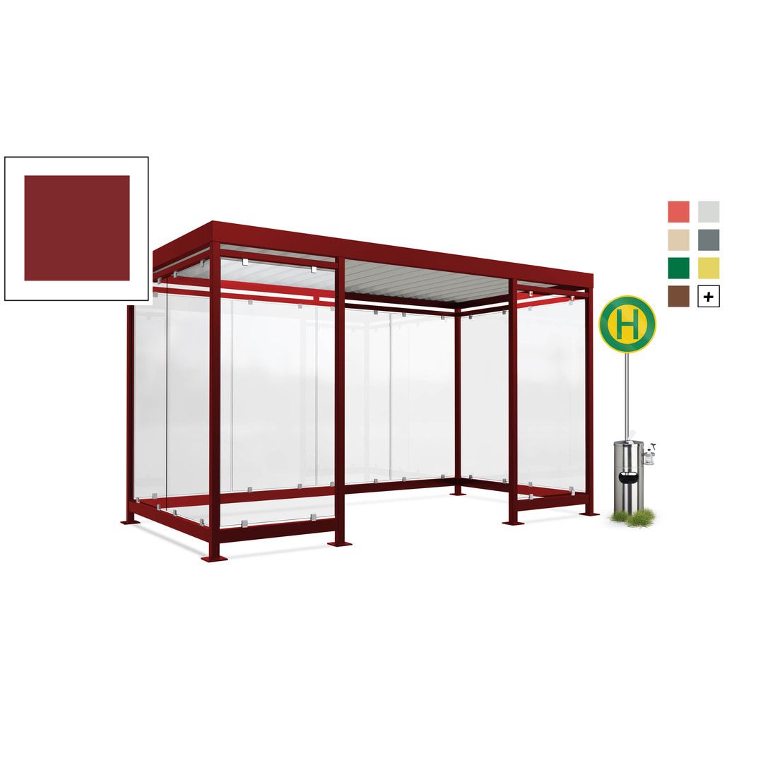 Fahrgastunterstand, Raucherunterstand, geschweißt, Aufdübeln, 12-13 Personen, 2.440 x 4.195 x 2.165 mm (HxBxT), 10 Wände, braunrot