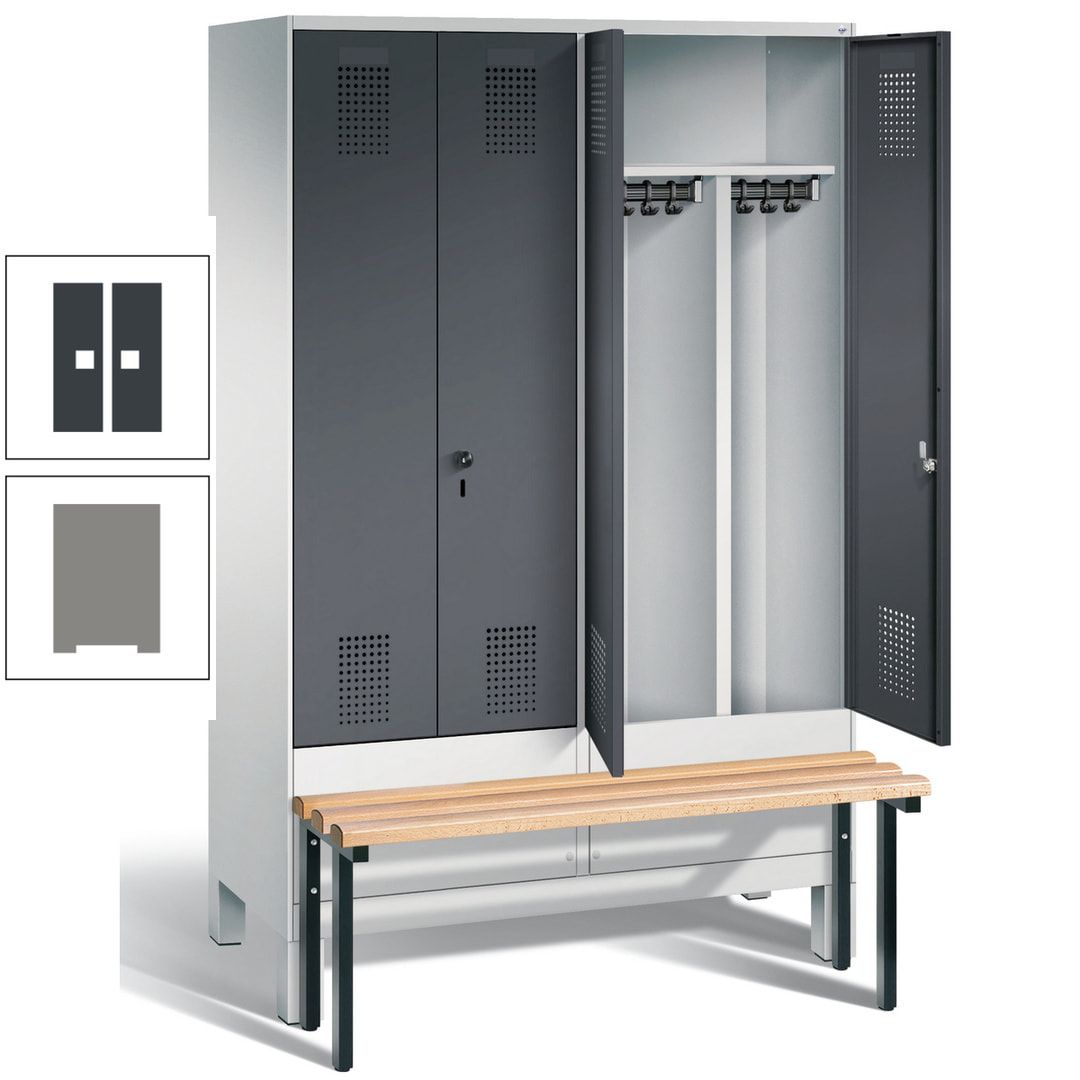 Doppel-Spind, Garderobenschrank, Buche Sitzbank vorgebaut, 4 Abteile a 300 mm, Korpus feuerrot, Tür Wasserblau, 1.850 x 1.200 x 815 mm (HxBxT)
