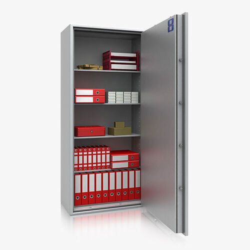 Dokumententresor, Geldschrank, Safe, VdS Klasse 1, 60 Minuten feuerfest, Türen 1-flügelig, 3 Fachböden, 1.550 x 886 x 445 mm (HxBxT), Farbe lichtgrau