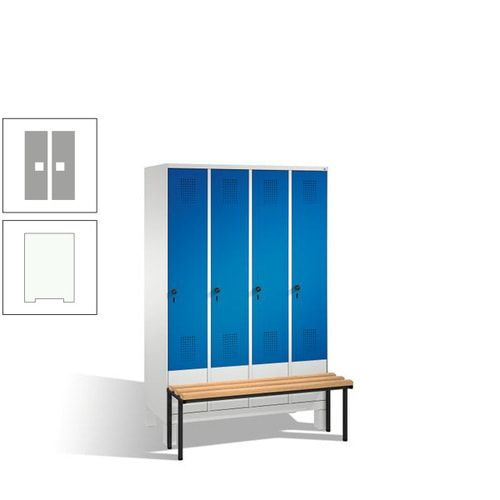 Stahl-Garderobenschrank, Spind, Buche Sitzbank vorgebaut, 4 Abteile a 300 mm, Korpus Lichtgrün, Tür Schwefelgelb, 1.850 x 1.200 x 815 mm (HxBxT)