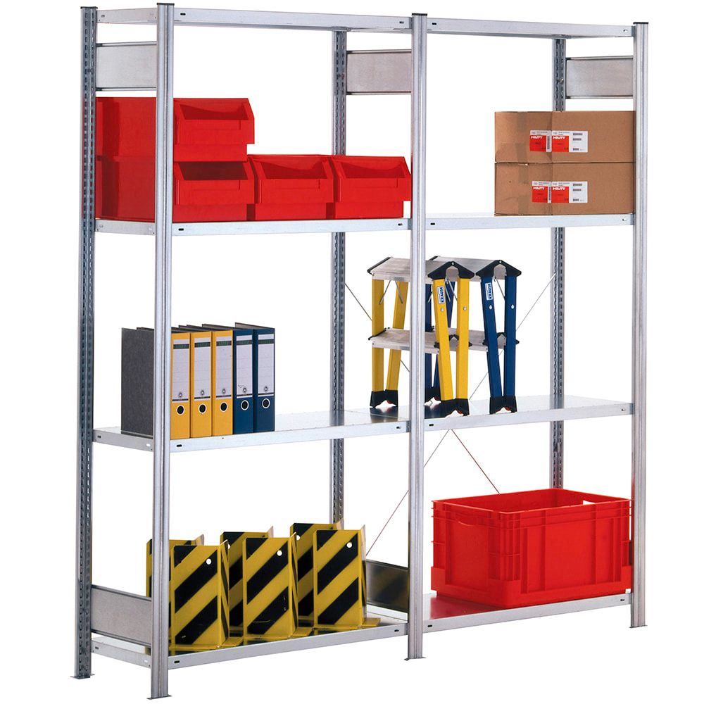 Fachbodenregal mit Tiefenriegel - 150 kg - 2.000 x 875 x 400 mm (HxBxT) - verzinkt 4 Böden - Anbauregal, Steckregal, Lagerregal, BERT