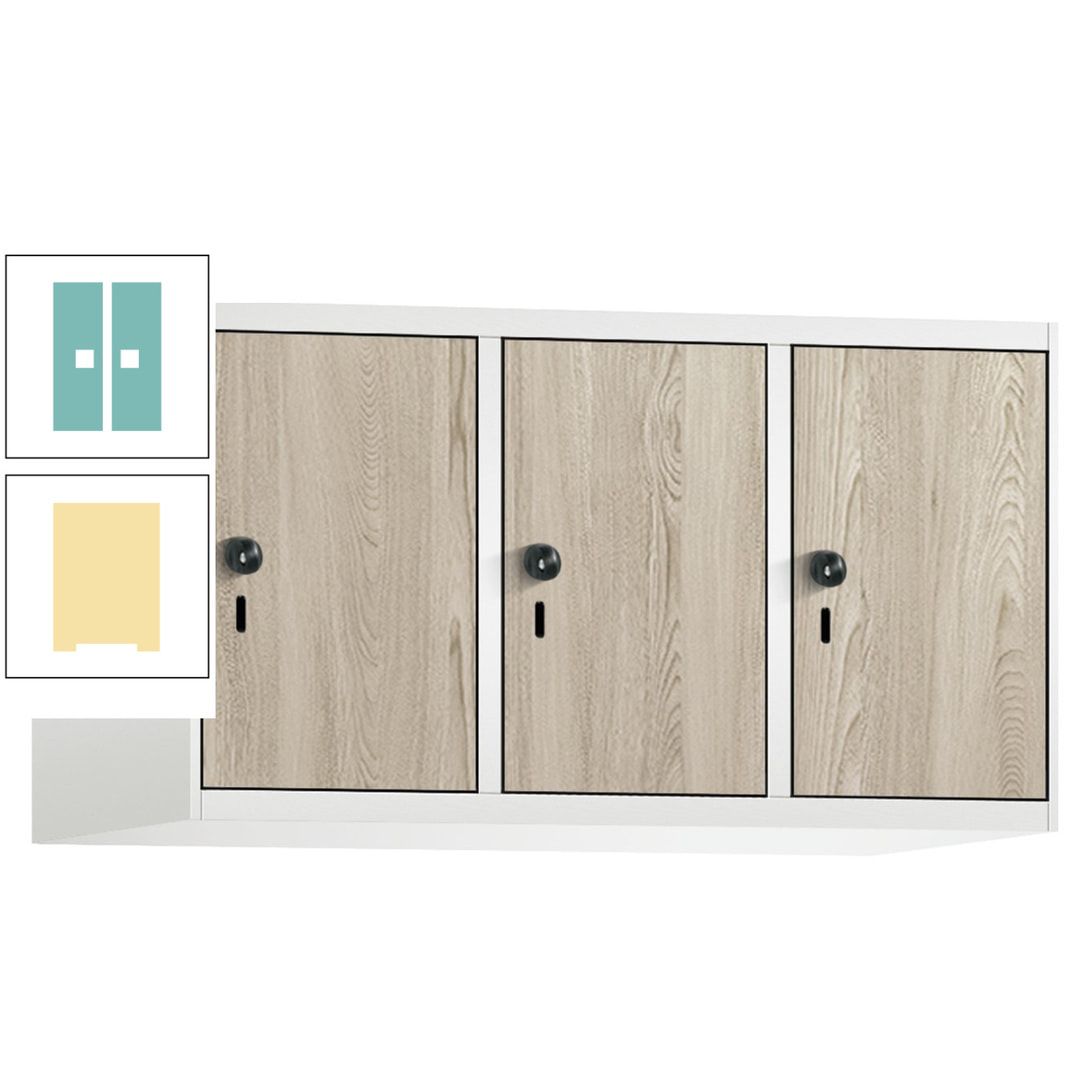 Aufsatzschrank, Schrankaufsatz, 3 Fächer a 300 mm, Farbe Pastellgelb, Tür anthrazitgrau, 500 x 900 x 500 mm (HxBxT)