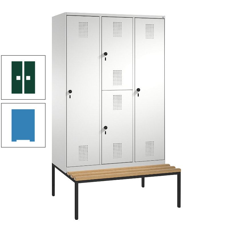 Garderobenschrank, Spind ein- und doppelstöckig Sitzbank, 3 Abteile, 4 Fächer, 2.090x1.200x500 mm (HxBxT), Front anthrazitgrau, Korpus anthrazitgrau