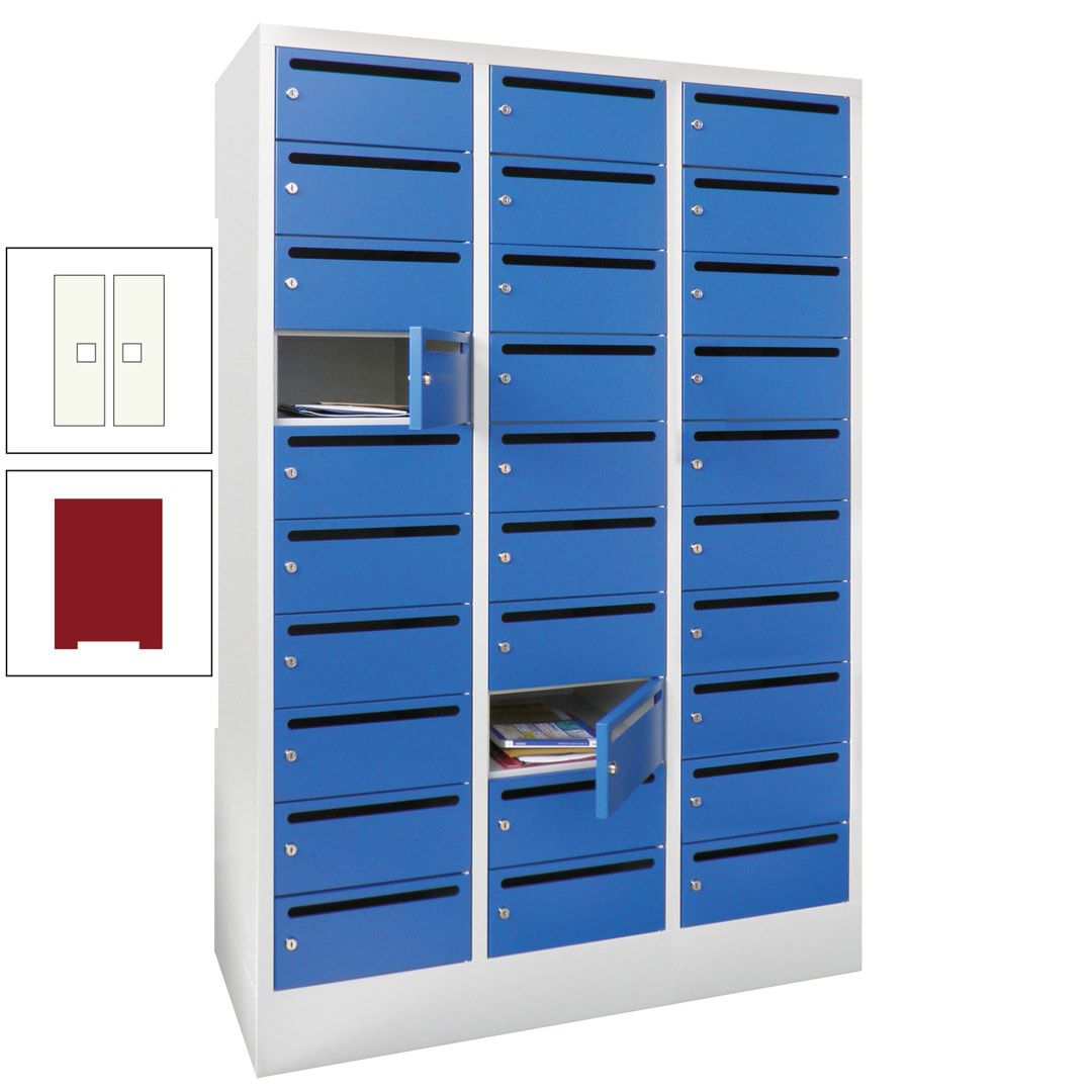 Postverteilerschrank, Schließfachschrank, 3 Abteile a 300 mm, 30 Fächer, 1.850 x 900 x 500 mm (HxBxT), Korpus anthrazitgrau, Front anthrazitgrau
