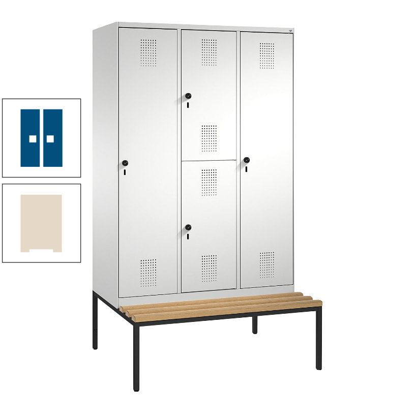 Garderobenschrank, Spind ein- und doppelstöckig Sitzbank, 3 Abteile, 4 Fächer, 2.090x1.200x500 mm (HxBxT), Front anthrazitgrau, Korpus anthrazitgrau