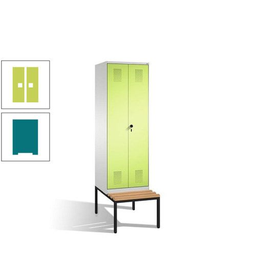 Doppel-Spind, Garderobenschrank, Buche Sitzbank untergebaut, 2 Abteile a 300 mm, Korpus anthrazitgrau, Tür anthrazitgrau, 2.090 x 600 x 815 mm (HxBxT)