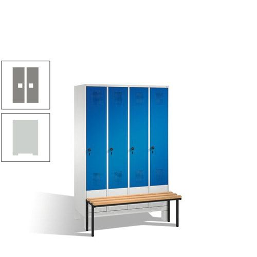 Stahl-Garderobenschrank, Spind, Buche Sitzbank vorgebaut, 4 Abteile a 300 mm, Korpus Lichtgrün, Tür Schwefelgelb, 1.850 x 1.200 x 815 mm (HxBxT)