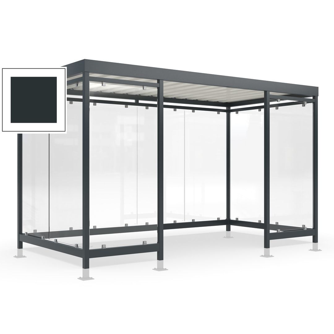 Raucherunterstand für 12-13 Personen, Bushaltestelle, mit Überpflasterung, 2.440 x 4.195 x 2.165 mm (HxBxT), 10 Wände, Achatgrau