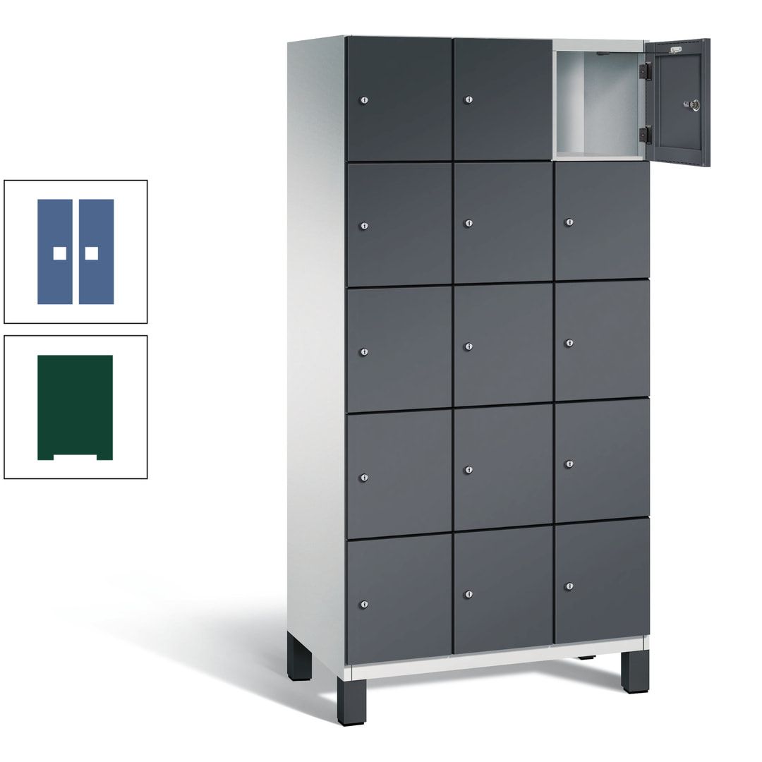 Fächerschrank, Stahlschrank, 15 Fächer, Türöffnungsbegrenzer, Füße, 1.980 x 900 x 525 mm (HxBxT), Korpus anthrazitgrau, Front anthrazitgrau