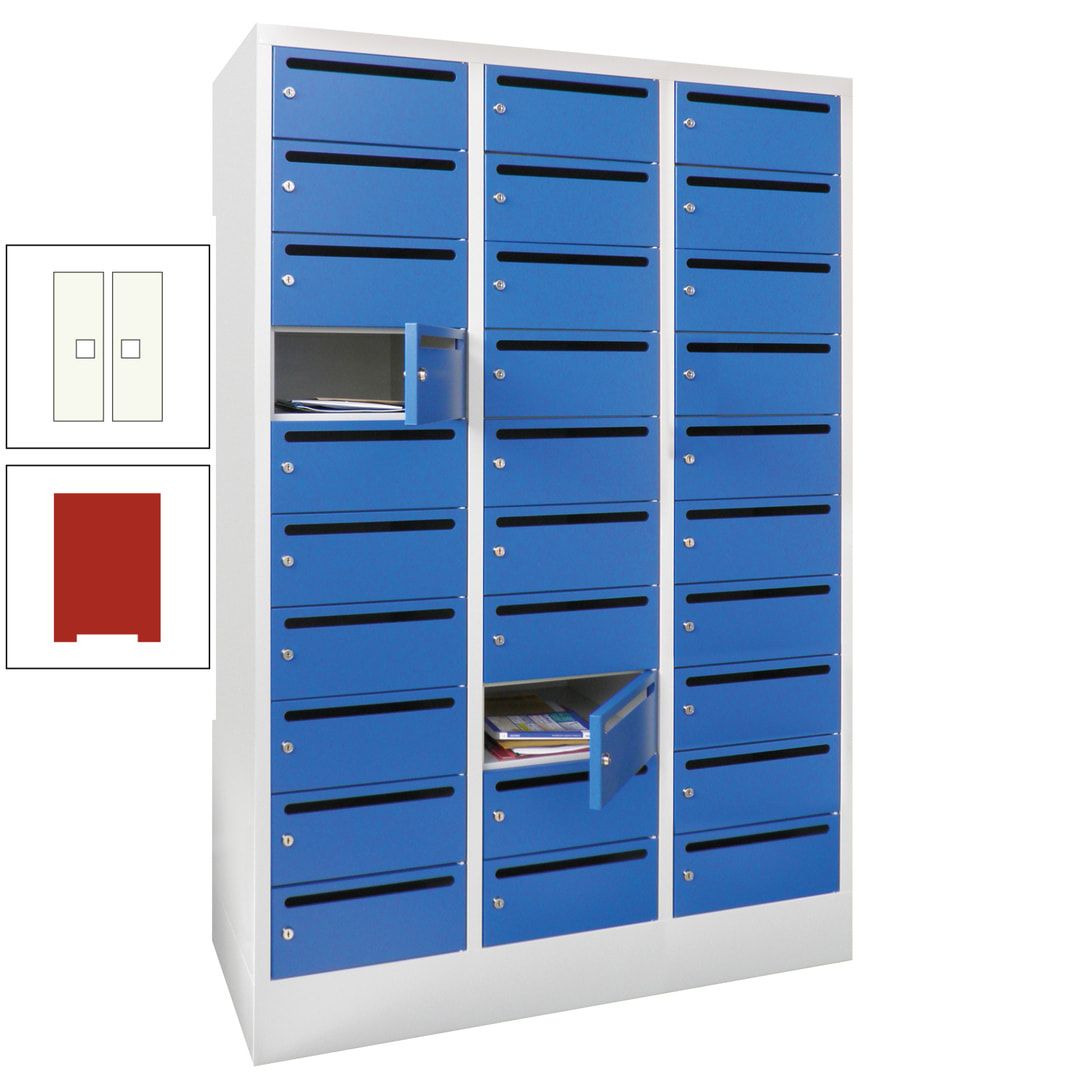 Postverteilerschrank, Schließfachschrank, 3 Abteile a 300 mm, 30 Fächer, 1.850 x 900 x 500 mm (HxBxT), Korpus anthrazitgrau, Front anthrazitgrau
