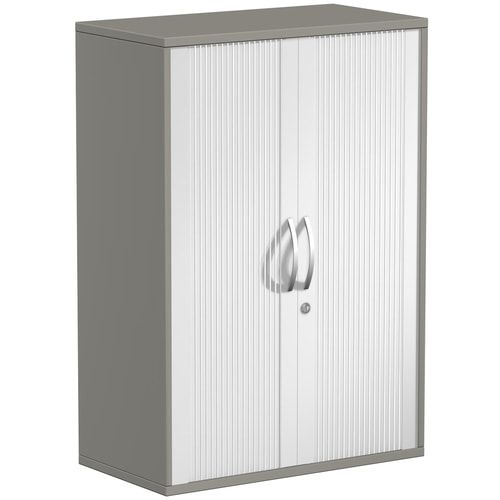Querrollladenschrank, Dekoreinlageboden, Metallsockel/Standfüße, abschließbar, 1.152 x 1.000 x 425 mm (HxBxT), Korpusfarbe Ahorn, Frontfarbe silber