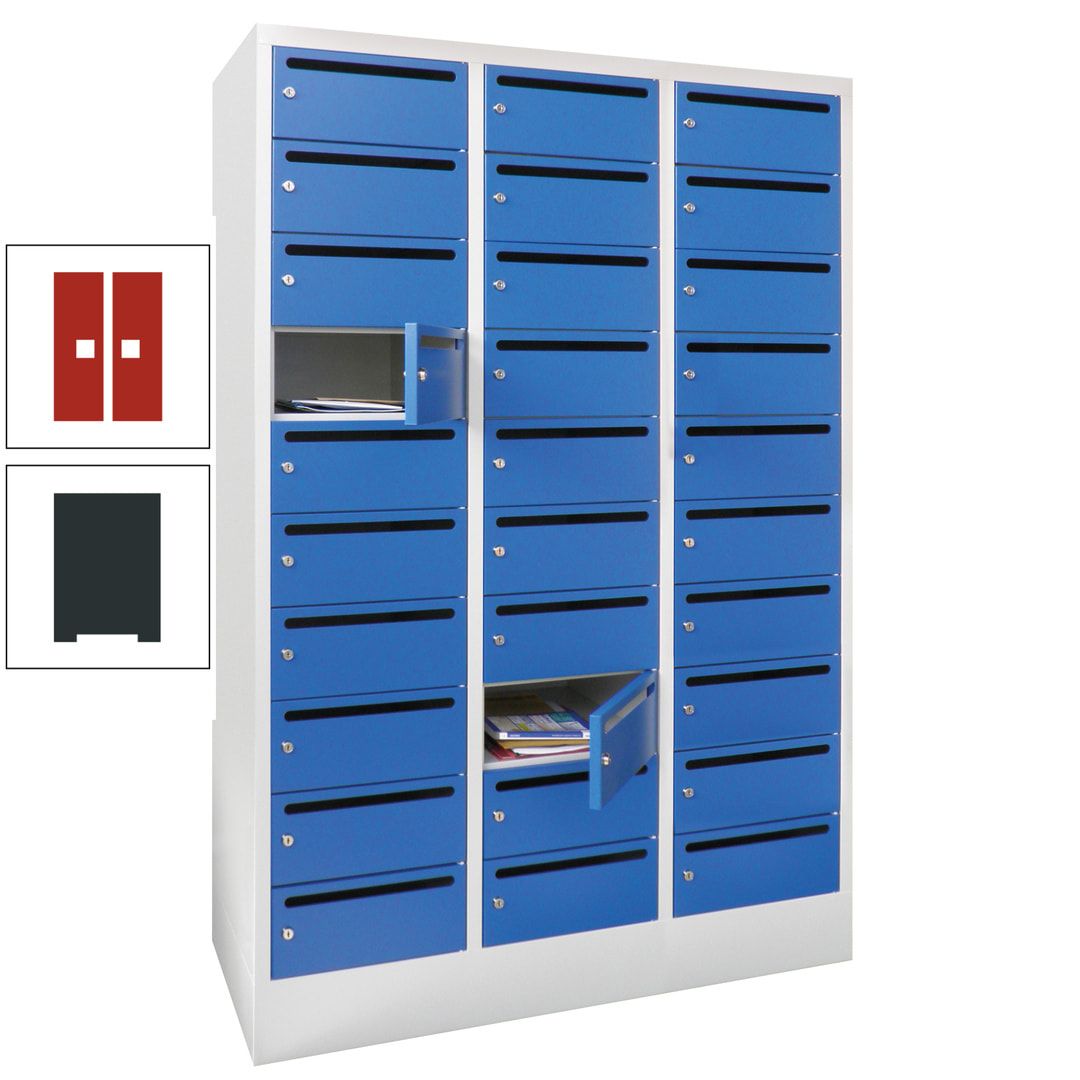 Postverteilerschrank, Schließfachschrank, 3 Abteile a 300 mm, 30 Fächer, 1.850 x 900 x 500 mm (HxBxT), Korpus anthrazitgrau, Front anthrazitgrau