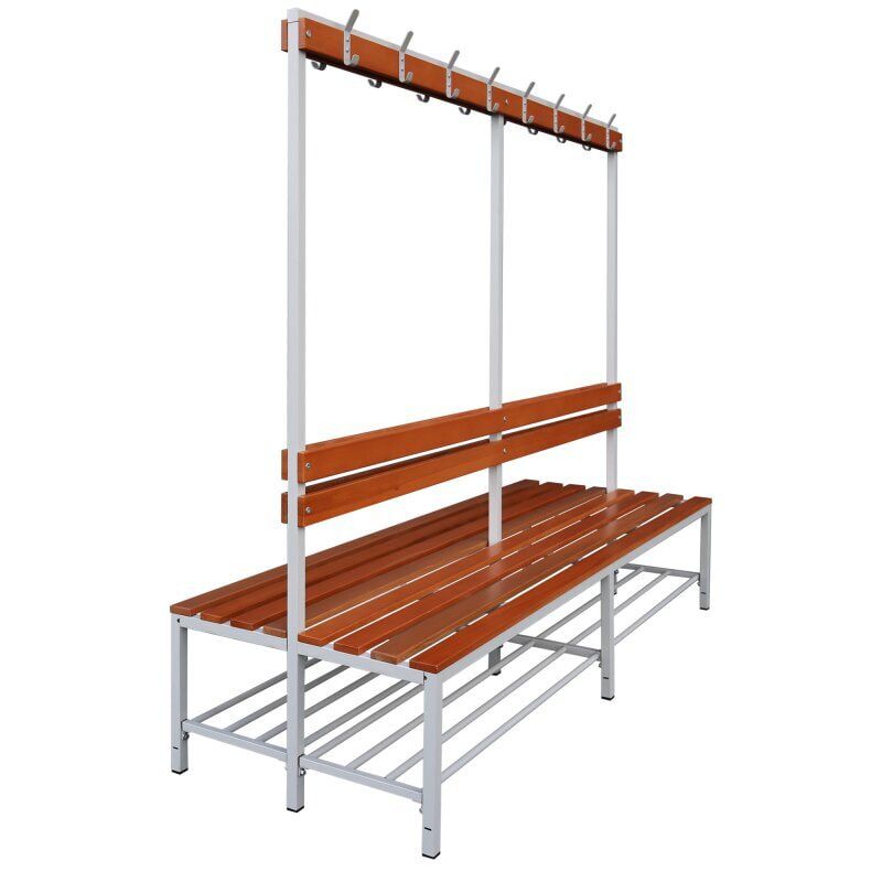 Umkleidebank, doppelseitig, Schuhrost, Haken, Breite 1.200 mm, Sitzhöhe 400 mm, Stahl mit Holzleisten, Gestell: lichtgrau, Sitzleisten: Buche