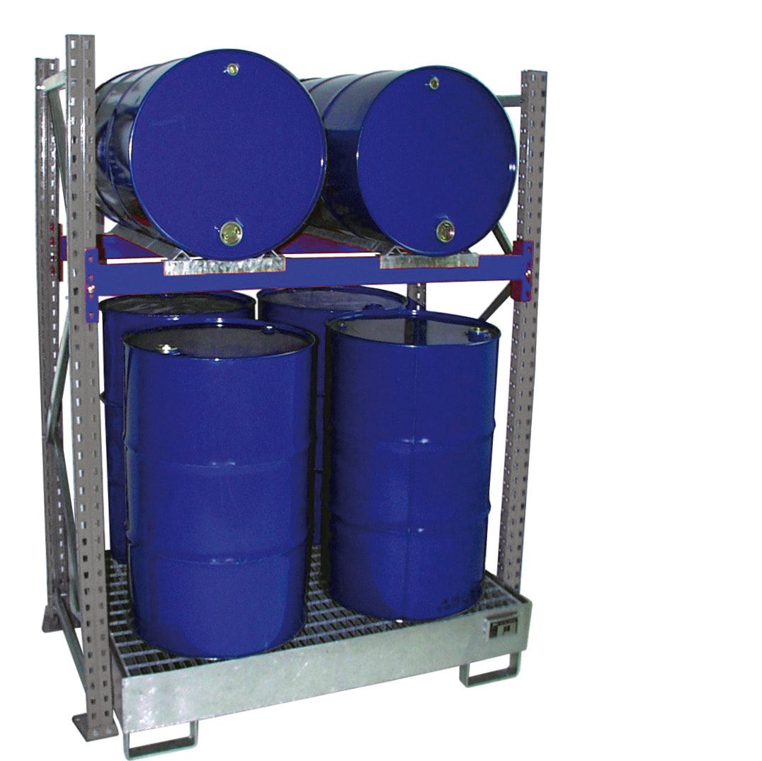 Fassregal - Auffangwanne mit Gitterrost - für 6 x 200 l Fässer - 1 Ebene - Anbauregal