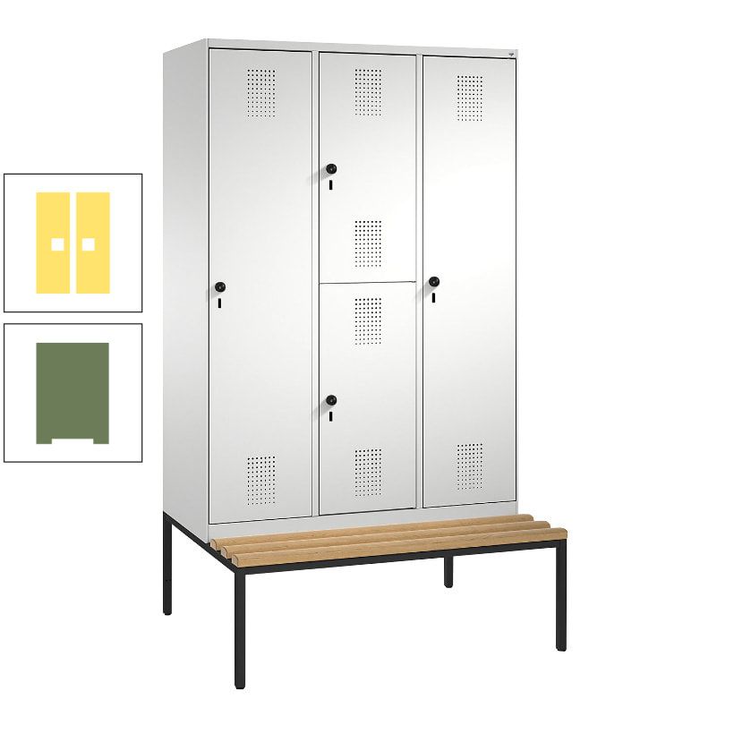Garderobenschrank, Spind ein- und doppelstöckig Sitzbank, 3 Abteile, 4 Fächer, 2.090x1.200x500 mm (HxBxT), Front anthrazitgrau, Korpus anthrazitgrau