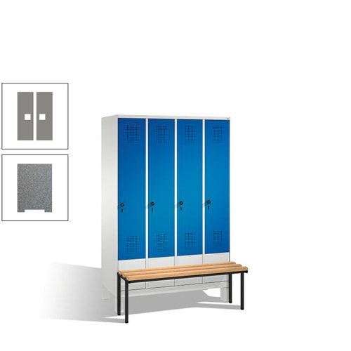 Stahl-Garderobenschrank, Spind, Buche Sitzbank vorgebaut, 4 Abteile a 300 mm, Korpus Lichtgrün, Tür Schwefelgelb, 1.850 x 1.200 x 815 mm (HxBxT)