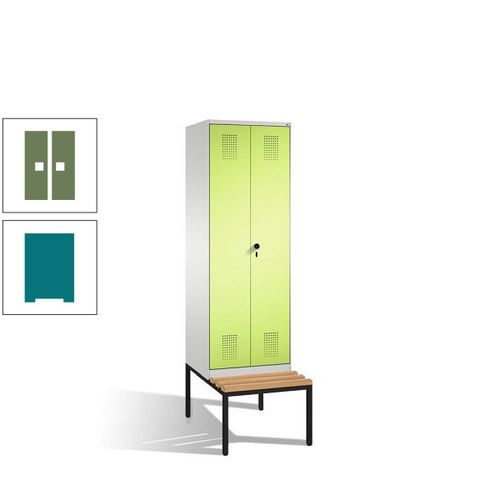Doppel-Spind, Garderobenschrank, Buche Sitzbank untergebaut, 2 Abteile a 300 mm, Korpus anthrazitgrau, Tür anthrazitgrau, 2.090 x 600 x 815 mm (HxBxT)