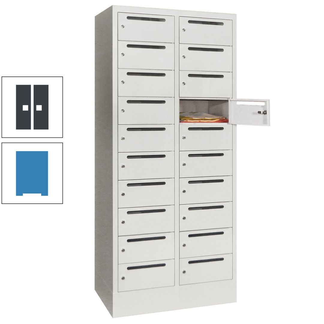 Postverteilerschrank, Schließfachschrank, 2 Abteile a 400 mm, 20 Fächer, 1.850 x 800 x 500 mm (HxBxT), Korpus anthrazitgrau, Front anthrazitgrau